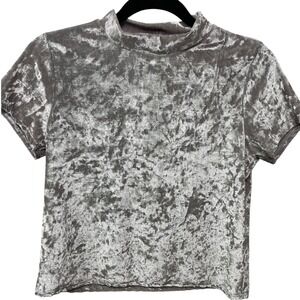 Y2K Acemi Crushed Velvet Mock Neck Baby T Crop Top Silver Glamโ Goth Indie M USA